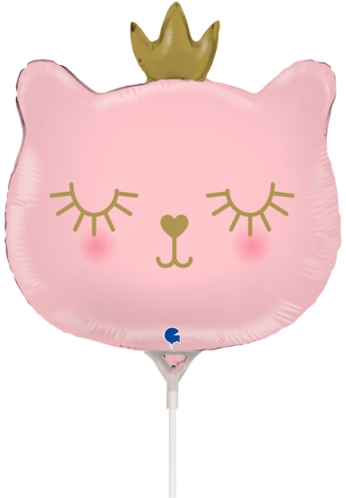 Folienballon am Stab - luftgefüllt - rosa Katze mit Krönchen - 35 cm