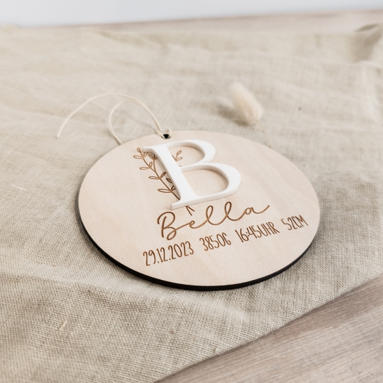 Türschild Holzschild Geburt mit Name und Geburtsdaten 3D-Effekt durch weisses Acryl hochwertig graviert Geschenk zur Geburt Personalisiert