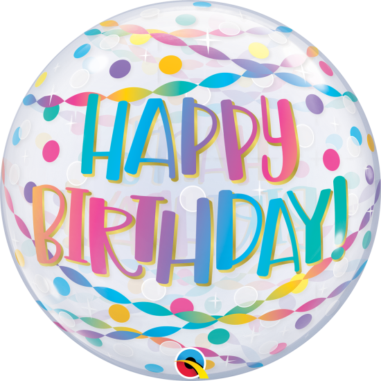 XL Ballon -  Bubble - Happy Birthday - buntes Konfetti und Luftschlangen - 56 cm