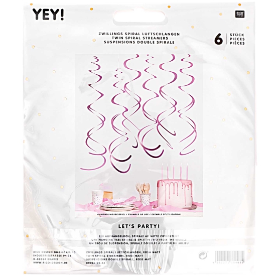 Rico Design - YEY! Let's Party - rosa Spiralluftschlangen - 60cm - 6 Stück