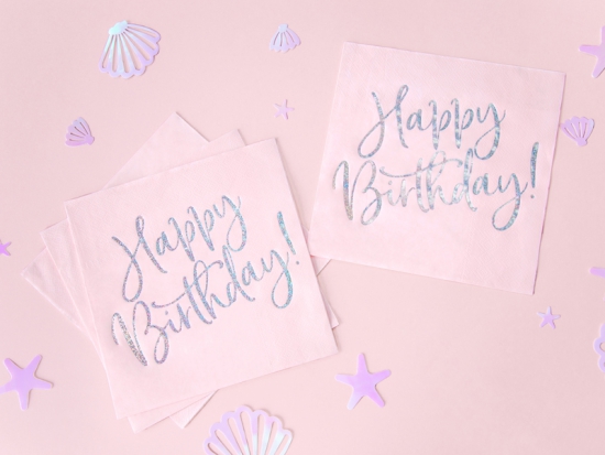 20 Servietten - Trend - Happy Birthday - pudriges Rosa mit silbernem Schriftzug - 33 x 33 cm