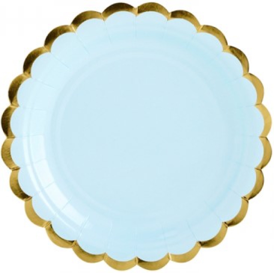6 - Pappteller - hellblau - mit Goldrand - 18 cm