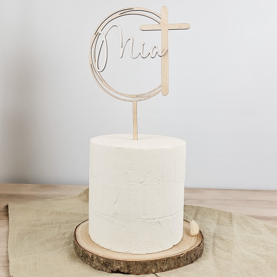 Cake Topper - Tortenstecker aus Holz - Heilige Kommunion Kreuz mit Name aus edlem Acryl 3D Effekt
