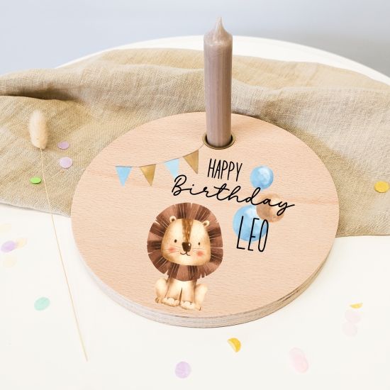 Personalisierter Geburtstagsteller Kerzenhalter Löwe Safari hochwertig bedruckt