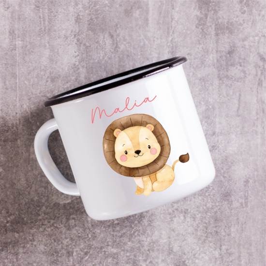 Emaille Tasse zweiseitig hochwertig bedruckt Tasse Becher süßer Löwe - Personalisiert