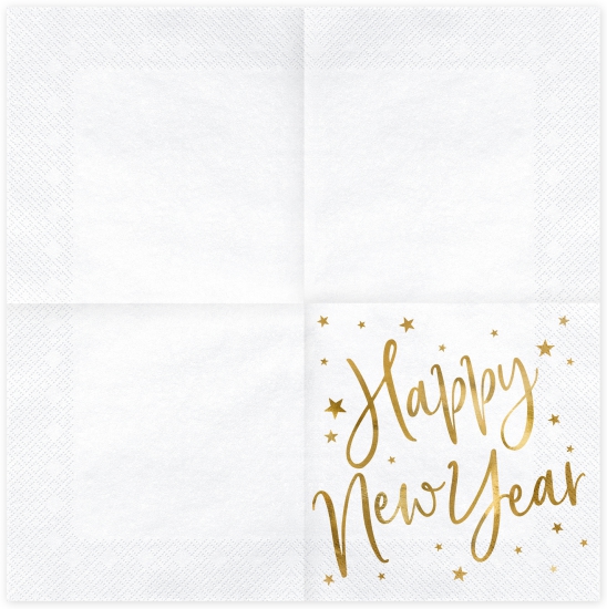 20 Servietten - Papier - "Happy New Year" - weiß - gold -  33 x 33 cm