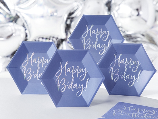 6 Teller - Happy Birthday - blau - silber - Ø 20 cm