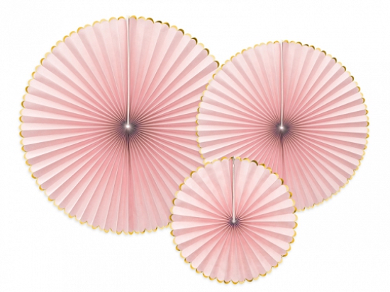 3 Deko - Rosetten - Dekofächer - rosa mit Goldrand