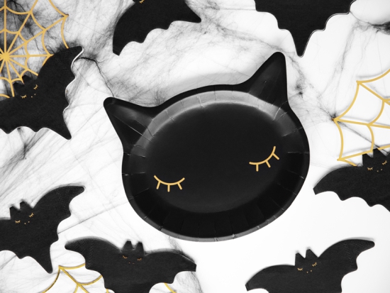 6 Pappteller - Halloween - schwarze Katze mit goldenen Wimpern - 22 x 20 cm