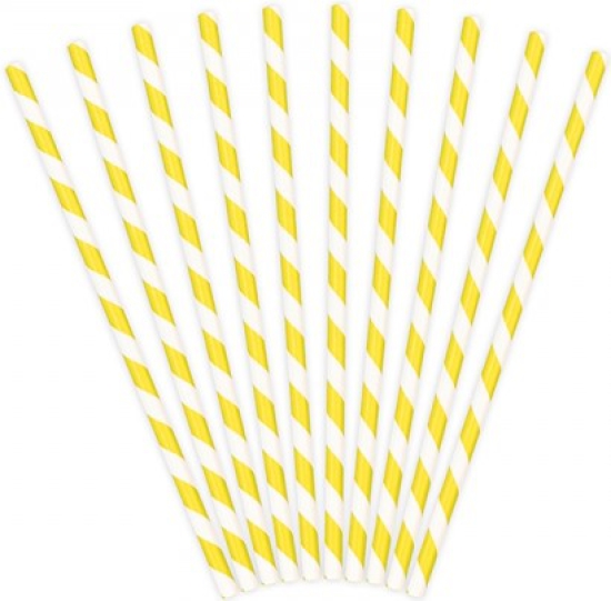 10 Strohhalme - Papier - weiß - gelb - gestreift - 19,5 cm
