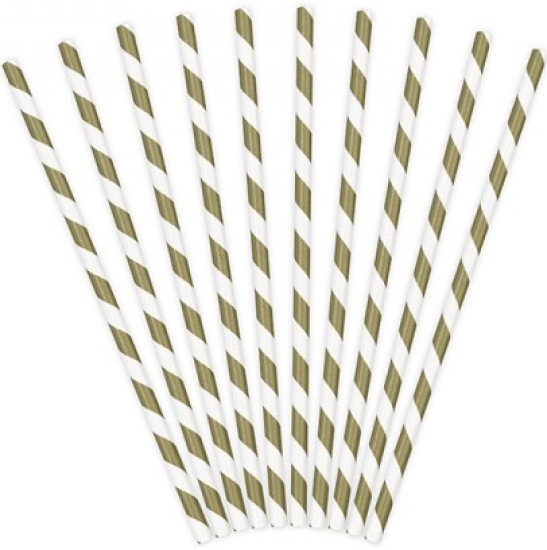 10 Strohhalme - Papier - gold - weiß - gestreift - 19,5 cm