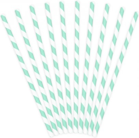 10 Strohhalme - Papier - weiß - himmelblau - gestreift - 19,5 cm