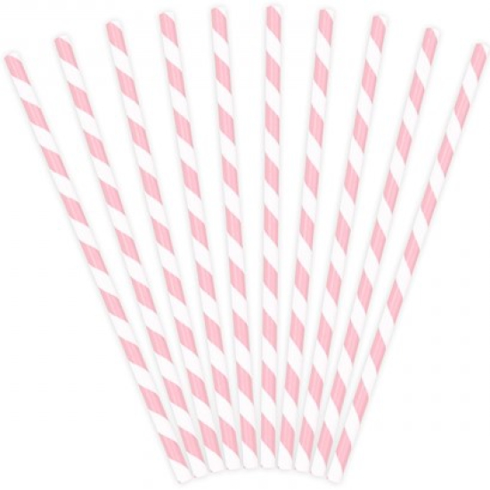 10 Strohhalme - Papier - weiß - rosa - gestreift - 19,5 cm