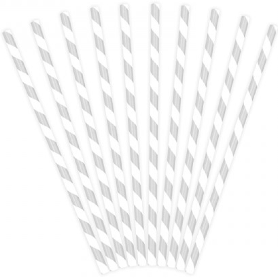 10 Strohhalme - Papier - silber - weiß - gestreift - 19,5 cm